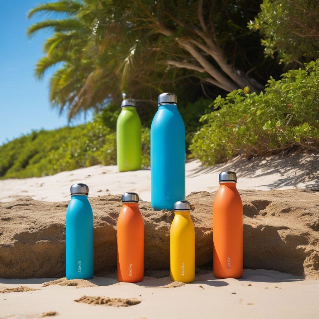 A picturesque beach scene featuring diverse beachgoers wearing vibrant, eco-friendly swimwear made from sustainable materials. The sun shines brightly in the blue sky, while lush greenery borders the sandy shore, showcasing reusable water bottles and beach accessories. Incorporate elements of ocean conservation, such as coral and marine life in the background. The overall vibe should be cheerful and stylish, reflecting a conscious lifestyle. super-realistic. vibrant colors.